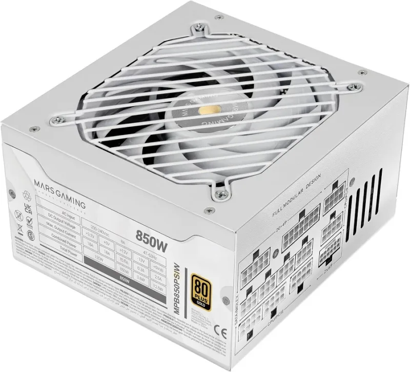 Alimentation ATX entièrement modulaire Mars Gaming MPB850PSI 850 W, garantie 10 ans, 80plus Gold, blanc - alimentation vue principale
