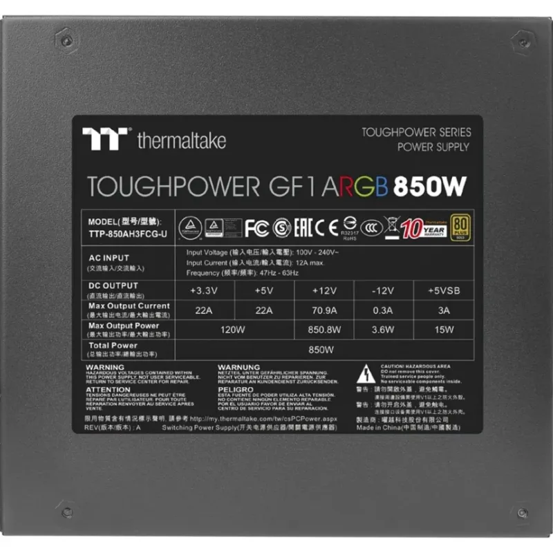 Thermaltake Toughpower GF1 ARGB 850W 80 Plus Gold entièrement modulaire - image 3