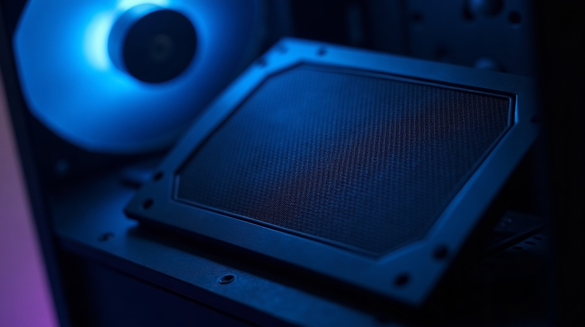 Facade mesh perforee d'un boitier mATX vue macro - airflow et ventilation compacte