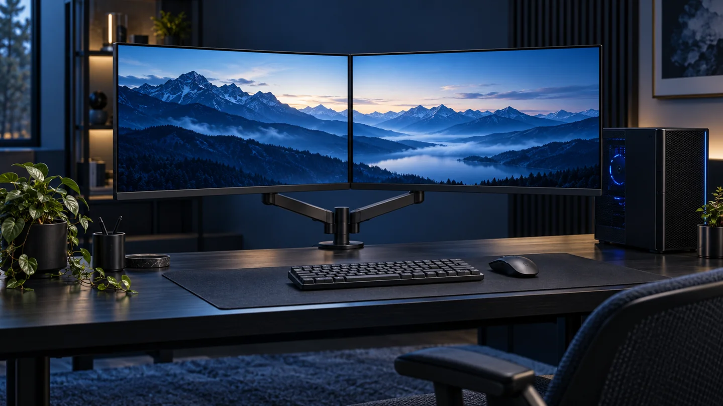 Illustration d’un bureau équipé de deux écrans PC sur un bras articulé