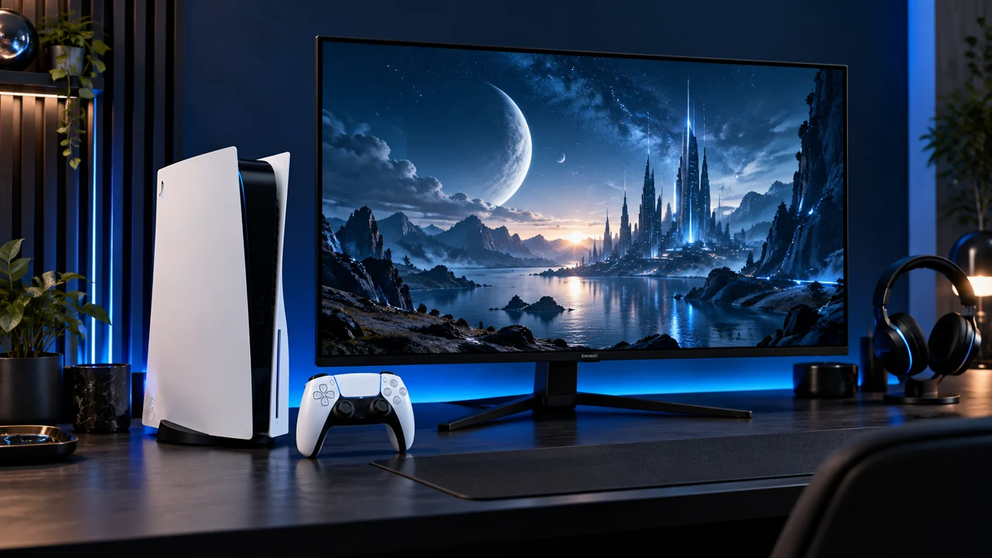 Illustration d’un écran gaming sur un bureau avec une console PS5 et une manette DualSense