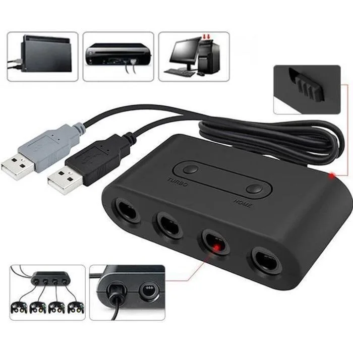 Adaptateur manettes GameCube 4 ports Wii U/PC, noir