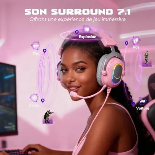 FIFINE Casque Gamer PC Casque Gaming avec Micro pour PS4 PS5 Son Surround 7.1 USB Casque Fil Gaming avec 3 Mode EQ Rose - vue 2