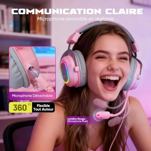 FIFINE Casque Gamer PC Casque Gaming avec Micro pour PS4 PS5 Son Surround 7.1 USB Casque Fil Gaming avec 3 Mode EQ Rose - vue 3