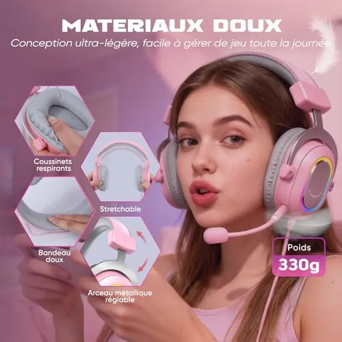 FIFINE Casque Gamer PC Casque Gaming avec Micro pour PS4 PS5 Son Surround 7.1 USB Casque Fil Gaming avec 3 Mode EQ Rose - vue 4