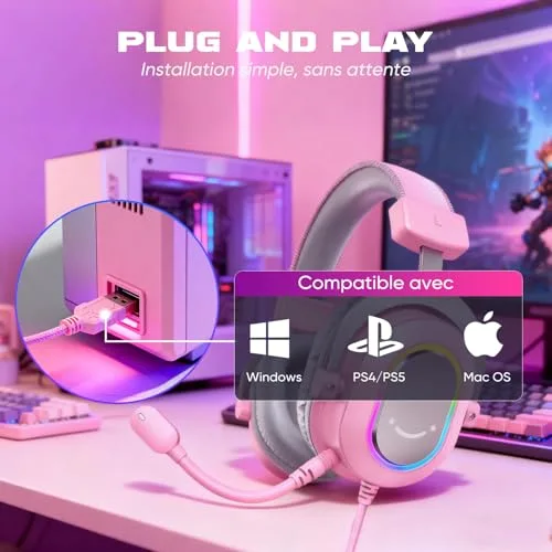 FIFINE Casque Gamer PC Casque Gaming avec Micro pour PS4 PS5 Son Surround 7.1 USB Casque Fil Gaming avec 3 Mode EQ Rose - vue 6