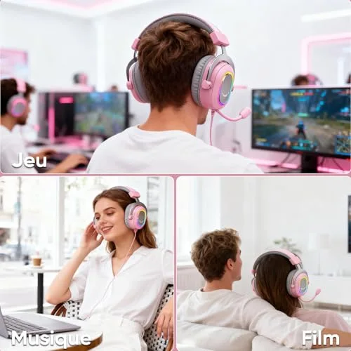 FIFINE Casque Gamer PC Casque Gaming avec Micro pour PS4 PS5 Son Surround 7.1 USB Casque Fil Gaming avec 3 Mode EQ Rose - vue 7