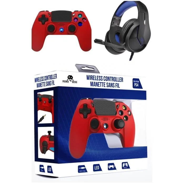 Freaks and Geeks Manette Sans Fil Rouge PS4 avec Prise Jack