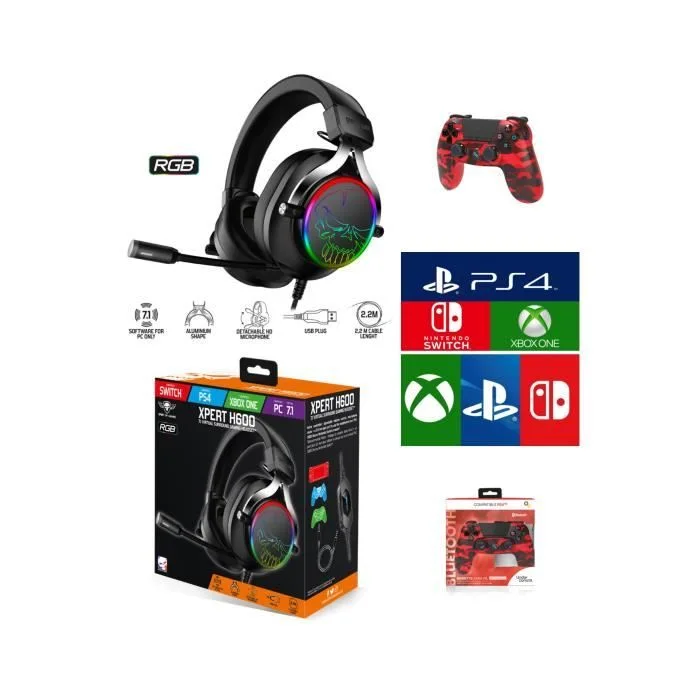 Spirit of Gamer Pack Casque XPERT-H600 + Manette Camouflage Rouge PS4