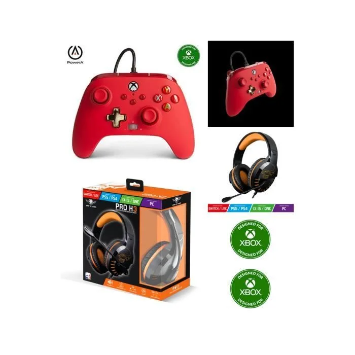 SPIRIT OF GAMER Pack Manette Xbox One S/X PC Rouge + Casque H3 Orange