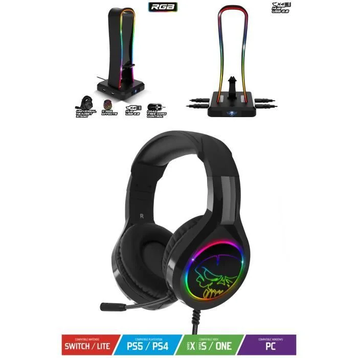 Spirit of Gamer Sentinel Support Casque Gaming RGB 7.1 Virtuel 4 Ports USB