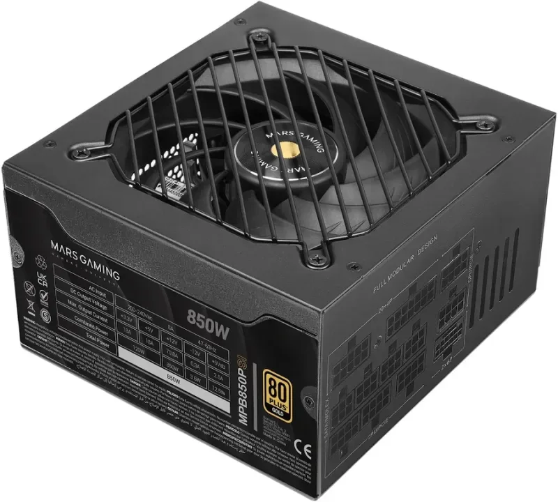Alimentation ATX entièrement modulaire Mars Gaming MPB850PSI 850 W, garantie 10 ans, 80plus Gold, noir - alimentation vue principale