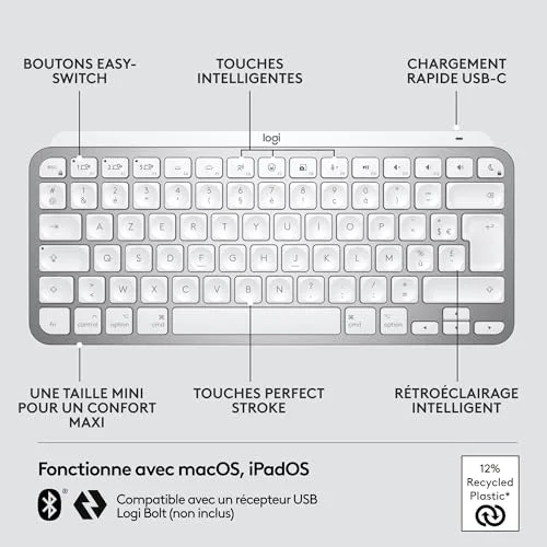 Logitech MX Keys Mini AZERTY Gris clair sans fil rétroéclairé - vue 6