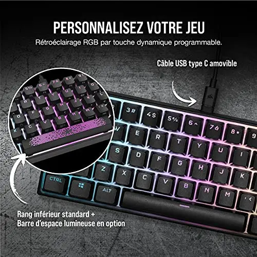 Corsair K65 RGB Mini 60% Cherry MX Red AZERTY Noir - vue 6