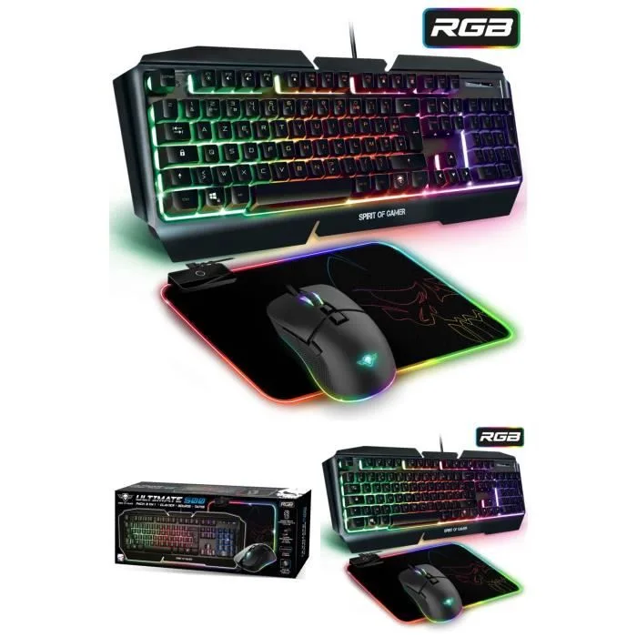 Spirit of Gamer Ultimate 500 Pack 3 en 1 RGB Clavier Aluminium Souris 6400 DPI