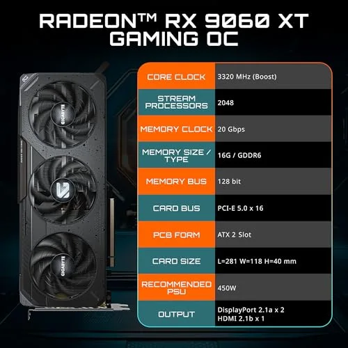 GIGABYTE Radeon RX 9060 XT Gaming OC 16G PCIe 5.0 16 Go GDDR6 GV-R9060XTGAMING OC-16GD image 1