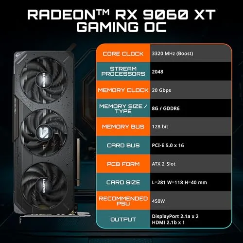 GIGABYTE Radeon RX 9060 XT Gaming OC 8G PCIe 5.0 8 Go GDDR6 GV-R9060XTGAMING OC-8GD Carte vidéo image 1