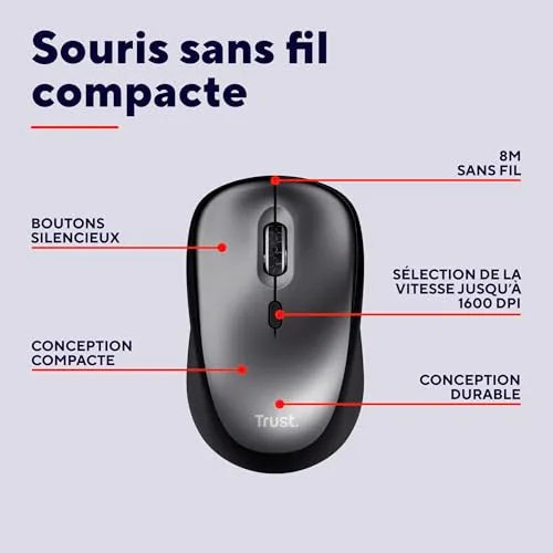 Trust Yuki Souris sans Fil Silencieuse Compacte avec Pile Ambidextre 1600 DPI Récepteur USB Compatible Ordinateur - vue 2