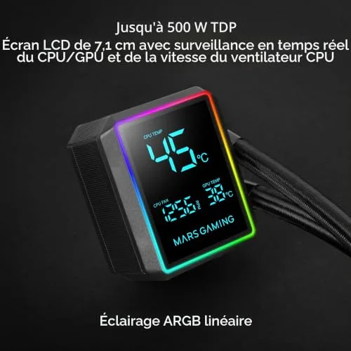 Mars Gaming ML-LCDPRO240 Refroidissement Liquide AIO 500W TDP Pompe 4e Gén 2× Ventilateurs Noir - vue 2