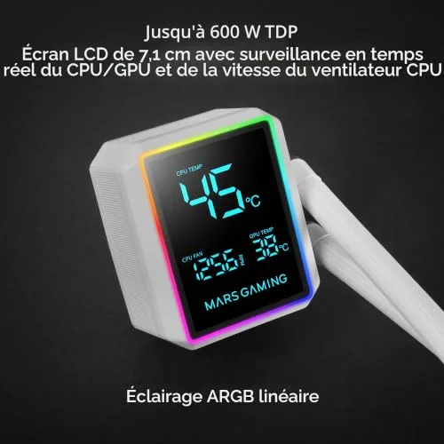 Refroidissement Liquide AIO - MARS GAMING - ML-LCDPRO360 - 3 Ventilateurs ARGB - 600W TDP - Écran LCD 28 - vue 2