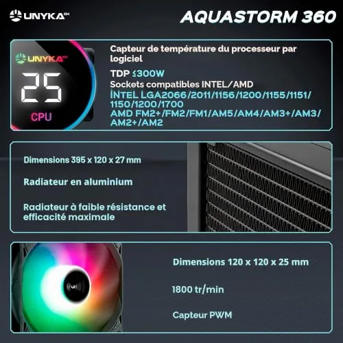 Refroidissement Liquide - UNYKACH - AquaStorm 360 - Compatible Intel/AMD - Aluminium/Cuivre - Noir - vue 3