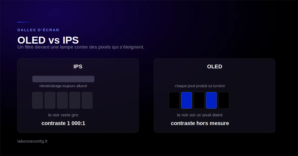 Schéma comparant l'empilement d'une dalle IPS rétroéclairée et d'une dalle OLED dont chaque pixel produit sa lumière